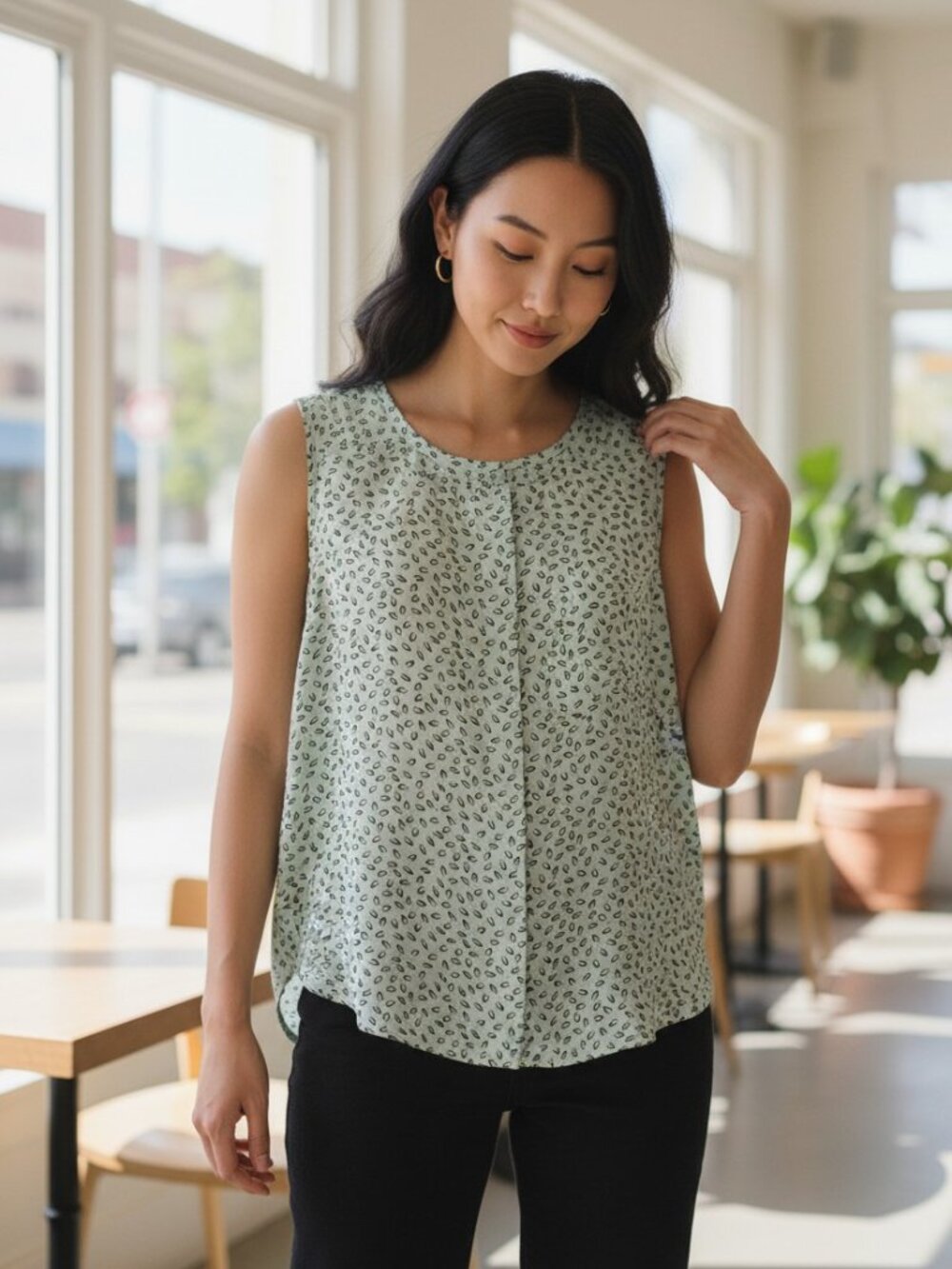 LOFT Leaf Print Short Sleeve Blouse – Light Blue/Black/Yellow – Size L